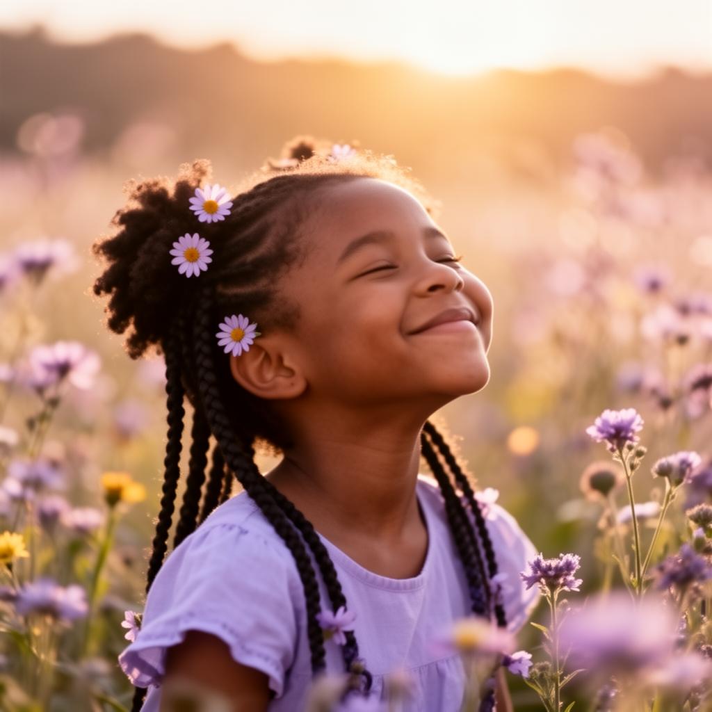 A young Black girl smiling joyfully in a wildflower meadow at golden hour