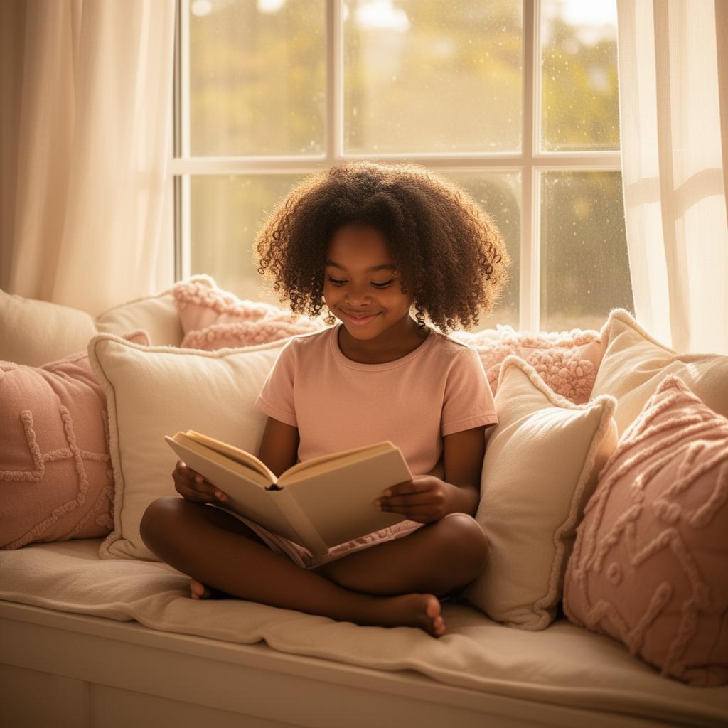 A young Black girl reading peacefully in a sunlit window seat