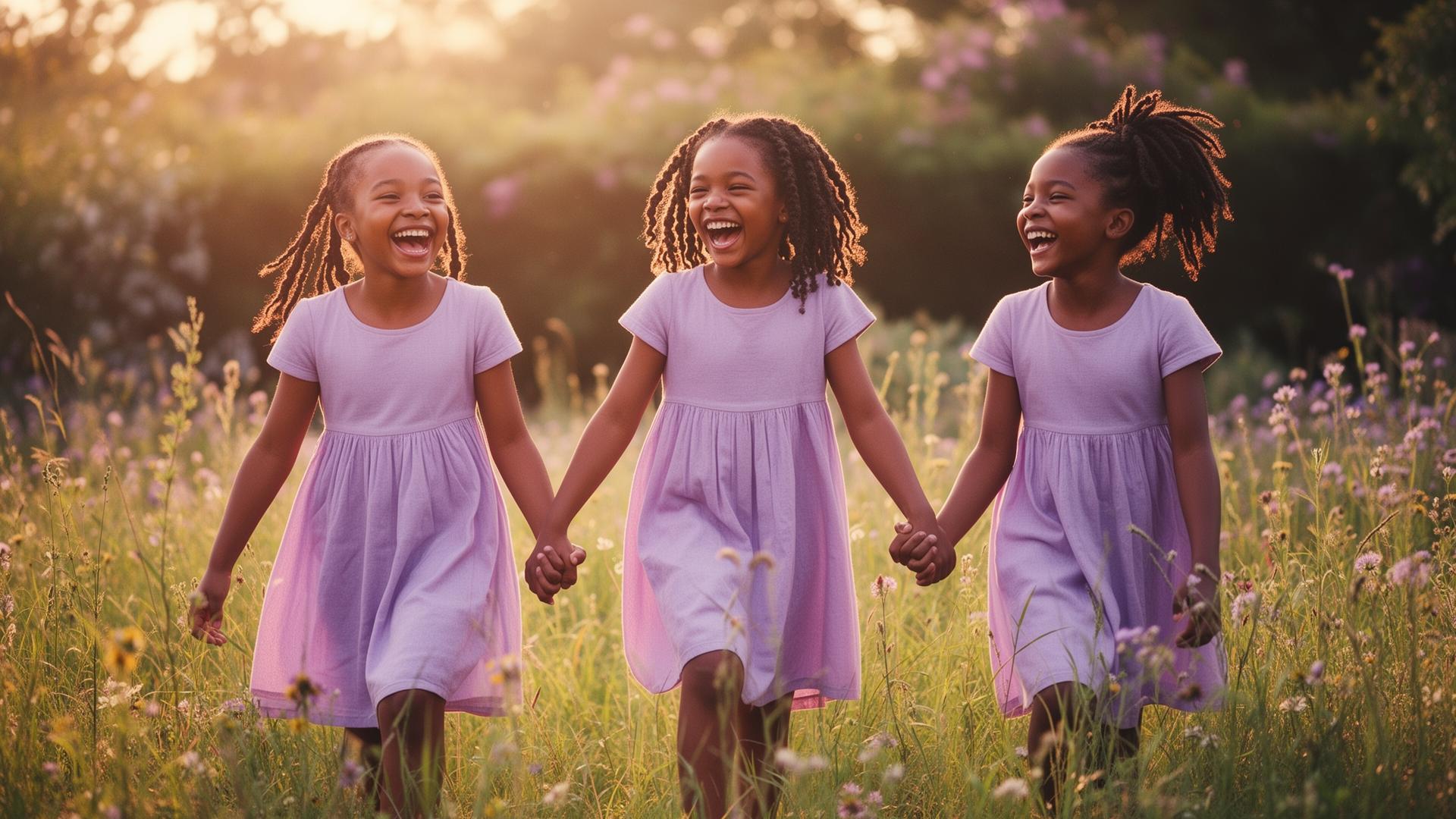 Young Black girls holding hands and laughing together in a wildflower meadow