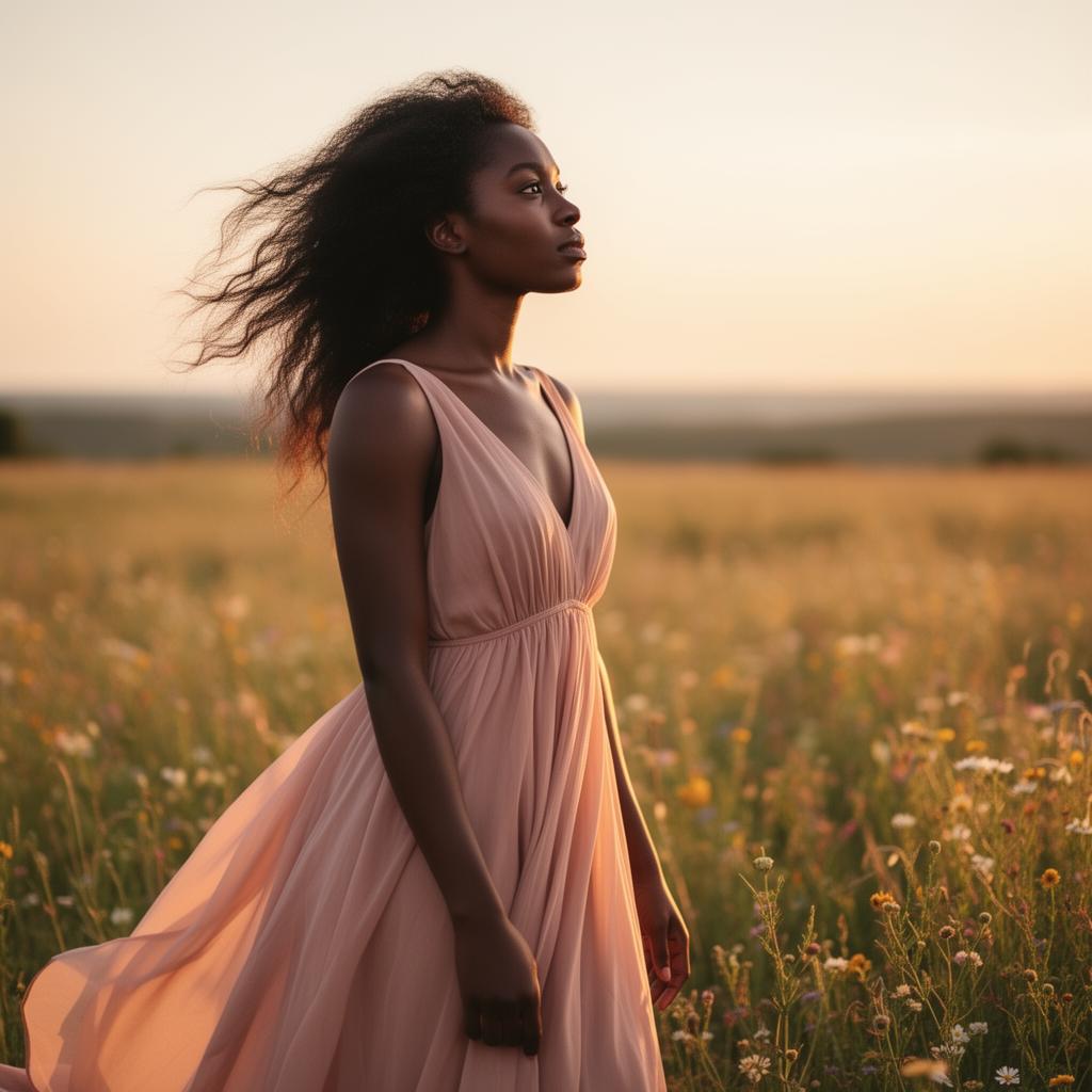 Empowered young woman in golden meadow
